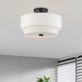3 Light Brushed Nickel Large Semi-Flush With Hand Crafted Off-White Fabric Hardback Shades