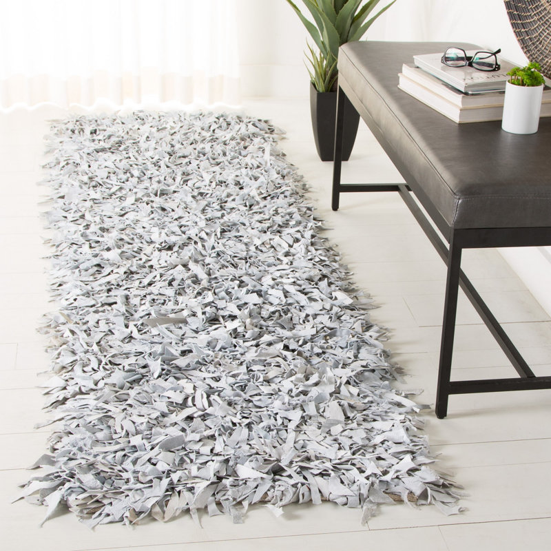 Arik Handwoven Leather/Cotton Solid Color Rug in White/Gray, Runner 2' x 8'