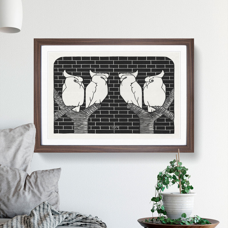 Four Crowned Cockatoos by Samuel De Mesquita - Picture Frame Painting, Walnut Framed, 27cm H x 36cm W x 2cm D