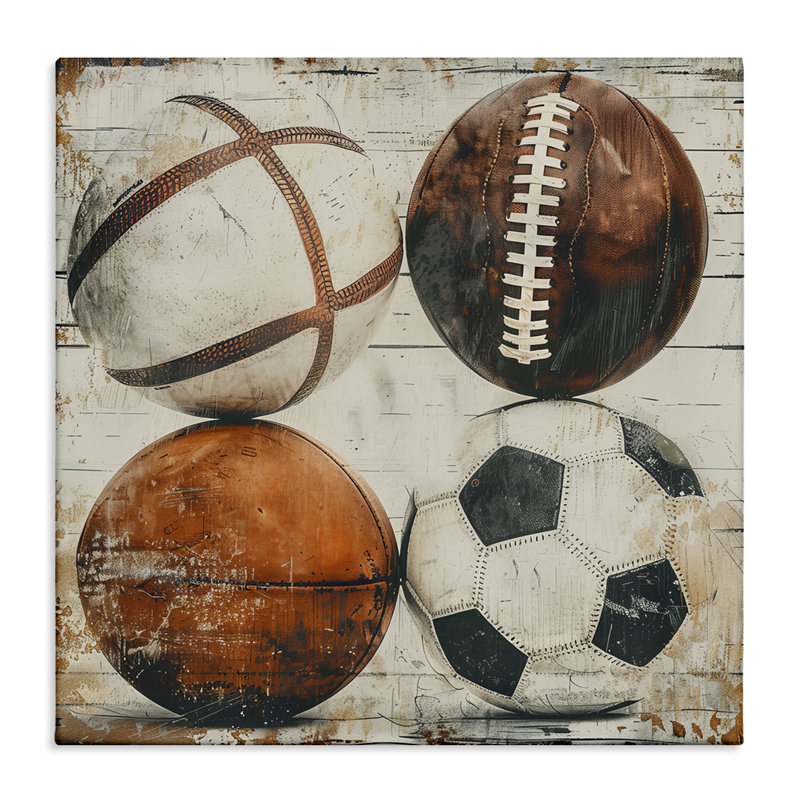 Art mural sur toile Rustic Sports Balls par Lazar Studio, H 36 po x l 36 po