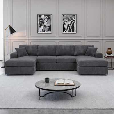3-Piece Corduroy Double-Chaise Sectional – U-Shape Modular Sofa with Two Chaise Loungers – Foam-Filled Cushions & Removable Covers – Spacious 120” Wide for Living Room, Apartment, Home Theater
