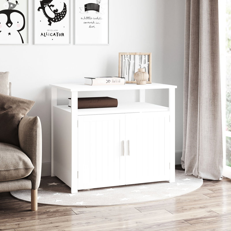 White Cat Litter Box Side Cabinet With Adjustable Partition And Large Tabletop Furniture Removable Easy Maintenance,