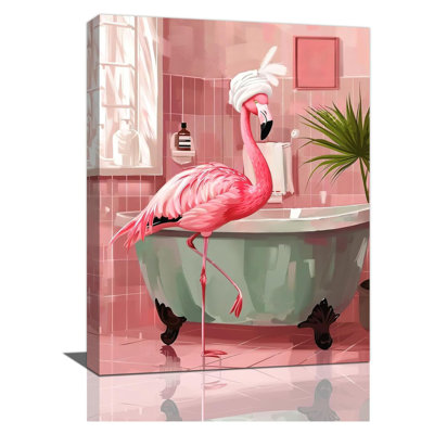 Art mural flamant rose pour salle de bain, flamant rose dans la baignoire, impressions sur toile, peintures sur toile, décorations modernes, œuvre d'art encadrée pour salle de bain 16 po x 24 po