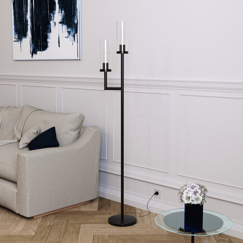 Lampe torchère sur pied avec abat-jour en verre 2 lumières Basso, Bronze noir