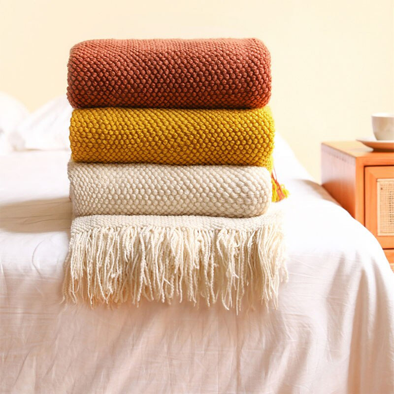 Ivory Knitted Acrylic Throw Blanket with Fringe 50" x 60"