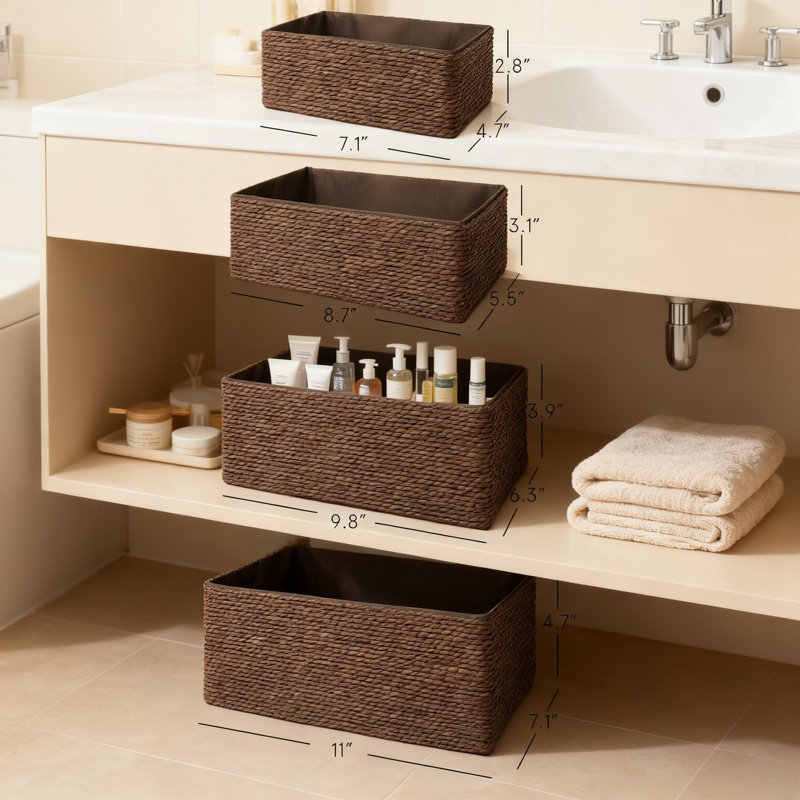 Handwoven Paper Rope Storage Basket Set With Fabric Liner, Stackable Organizer Bins For Home Organization