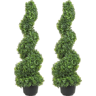 Arbres topiaires artificiels en forme de buis en spirale, plante artificielle d'extérieur de 3 pi de hauteur (2 pièces), toute l'année, avec des feuilles remplaçables pour décoration / intérieur / porche / jardin