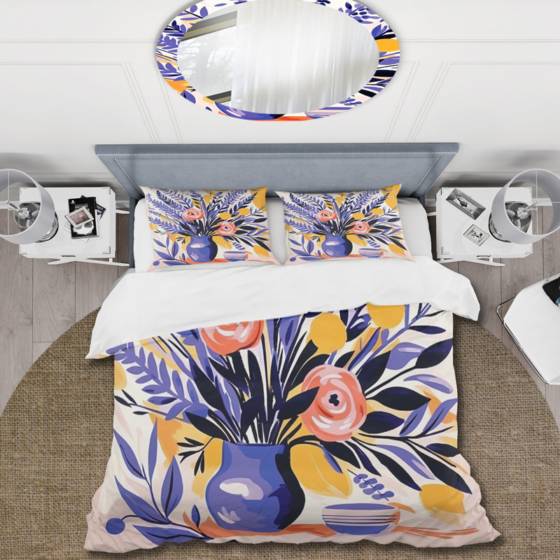 Mauve Boho Pottery Blooms II - Ensemble de housse de couette Boho Pottery, Housse de couette pour grand lit et 2 taies décor