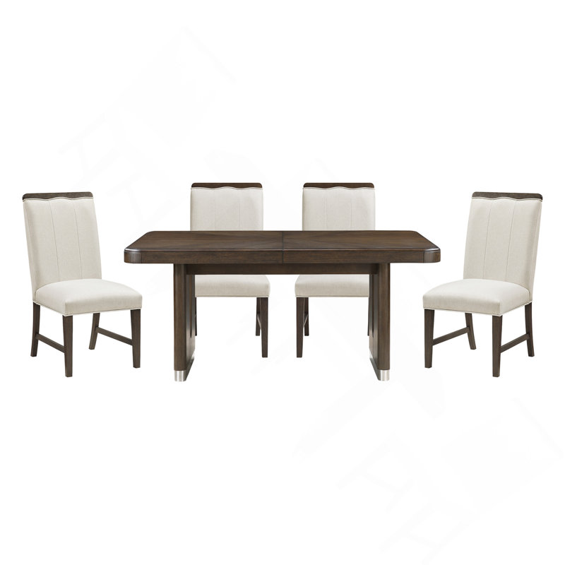 Table de salle à manger moderne à finition brune 5 pièces avec 4 chaises d'appoint beige, 5 pièces: table, 4 chaises