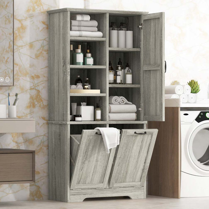 Armoire de rangement de salle de bain avec portes et tiroirs, panier à linge inclinable, plusieurs espaces de rangement