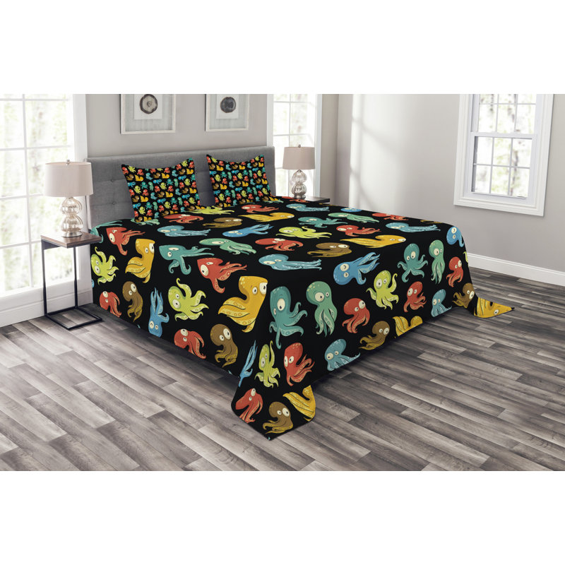 Adelaid Black/Blue Microfibre Bedspread Set, 220 x 264 cm
