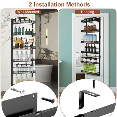 Organisateur de garde-manger à 6 niveaux sur le dessus de la porte, grand support à épices en métal, tablette de rangement pour garde-manger robuste de 10 lb à chargement facile à installer derrière la porte pour la cuisine et la salle de bain, noir