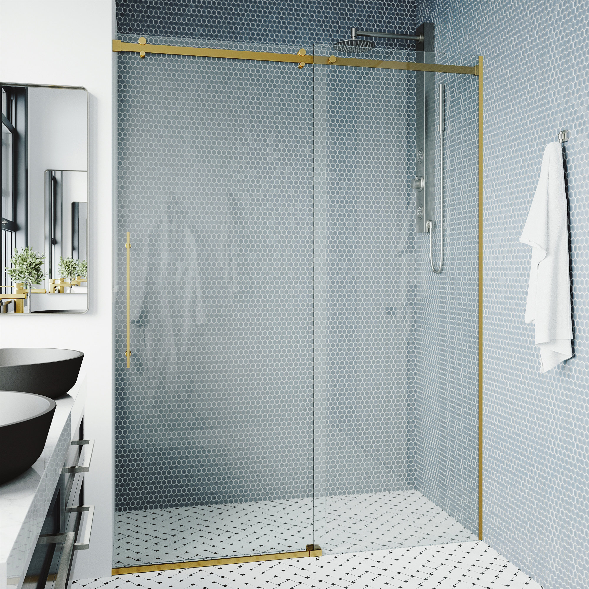 Luca 56-60" W x 79" H Sliding Frameless Shower Door with 3/8" Clear Glass, Matte Gold