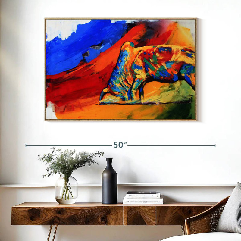 Taureau coloré, Cadre flottant en bois naturel, 40 po x 27 po
