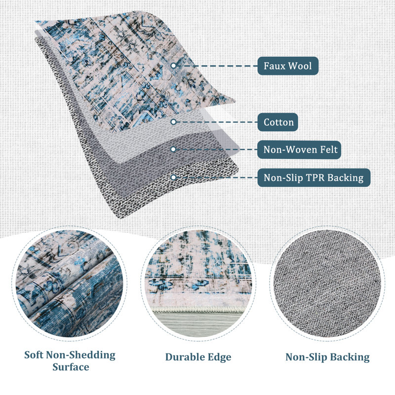Oriental Machine Washable Rug Non-Slip Area Rug with Rubber Backing for Living Room Low-Pile Rug Indoor Floor Cover Ombre Rug for Bedroom Dining Room Playroom Office Dorm