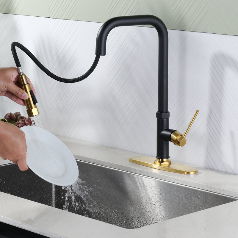 ARCORA Single Handle Pull Down Kitchen Faucet with Deck Plate, Gold/Matte Black