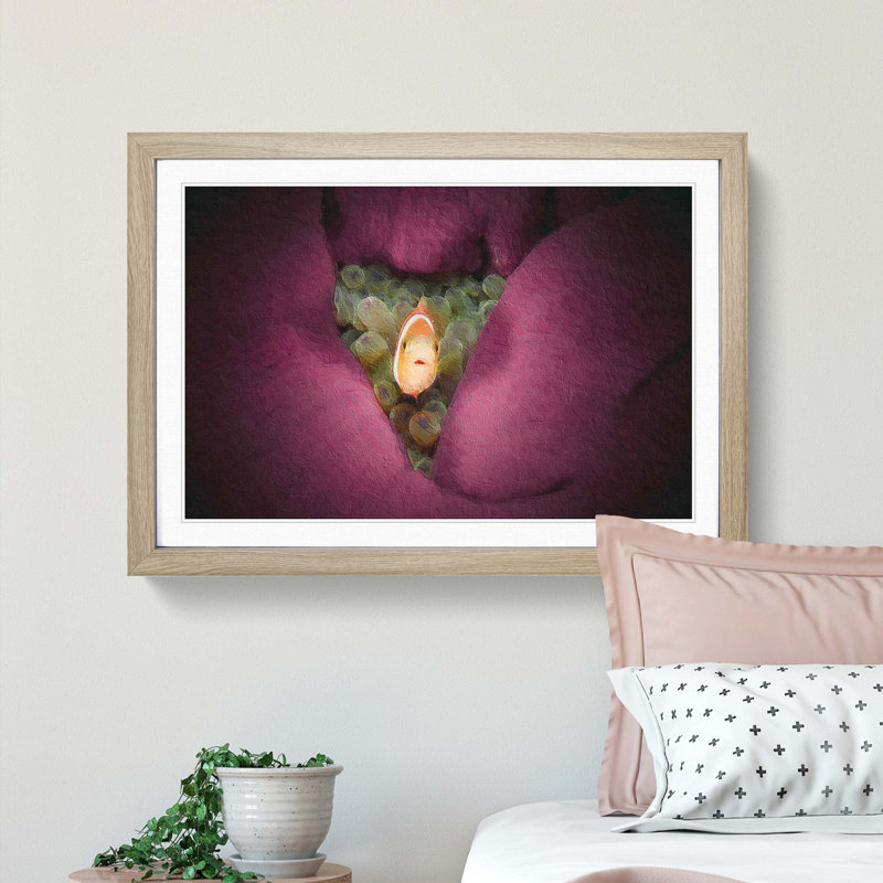Clownfish & Sea Anemone - Picture Frame Painting, 48cm H x 65cm W x 2cm D, Oak Framed