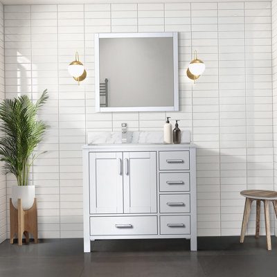 Meuble-lavabo de salle de bain 36 po X P 22 po D, plateau en marbre de Carrare décalé à gauche et Miroirs