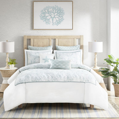 Housse de couette double en blanc - 100% coton pour la maison, broderie dollar foncé et sable, fermeture à boutons, 4 attaches intérieures, 2 taies décoratives incluses, broderie sur le sol, taies décoratives, literie Beachy