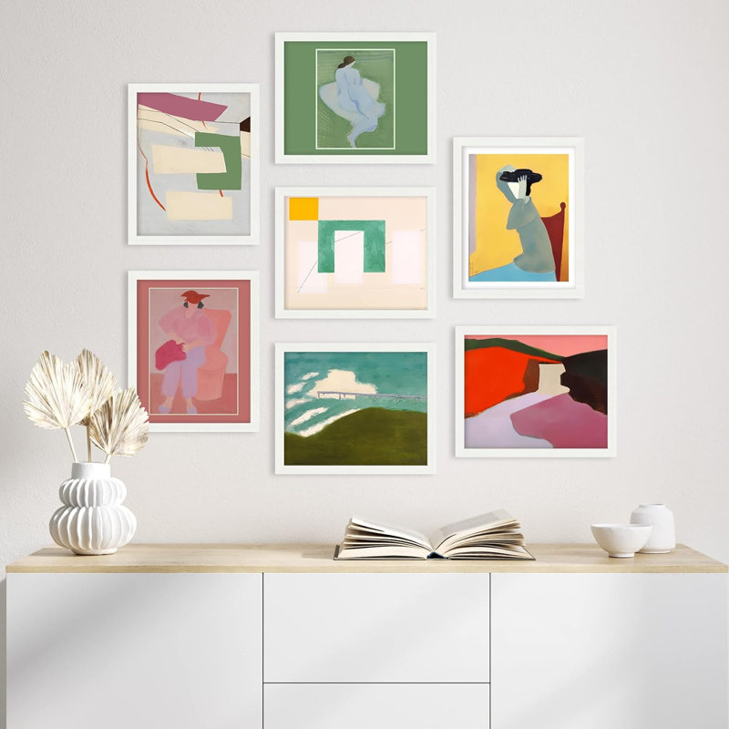 Multicolore Mid-Century pastel paysage abstrait géométrique minimalisme encadré sur papier, 7 pièces, L 11 po x H 14 po