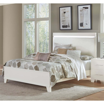 High Gloss Finish Modern Queen Bed With LED Light Headboard, Faux Leather Upholstery, And Wooden Frame For Elegant Bedrooms