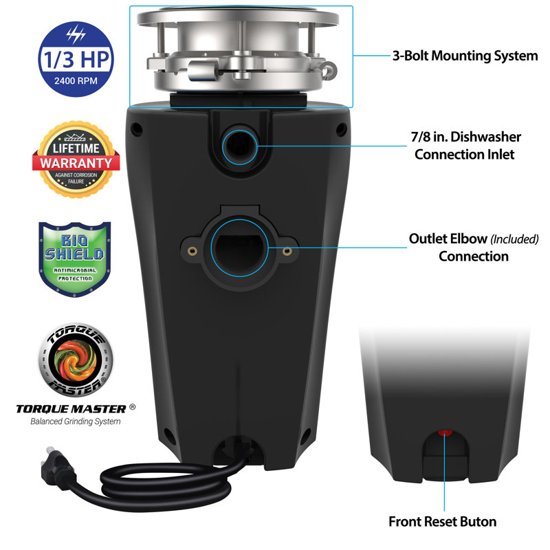 Eco Logic Black 1/3 HP Continuous Feed Garbage Disposal with Cord