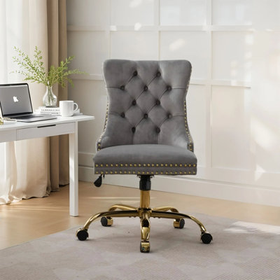 Fauteuil de bureau moderne capitonné en velours capitonné à boutons, fauteuil de bureau pivotant sans accoudoirs