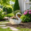 Statue de cygne blanc en résine, pot de fleurs décoratif pour jardin, bassin, terrasse, pelouse, cour arrière, ornement de jardin, décoration de point d'eau avec texture de plumes détaillée