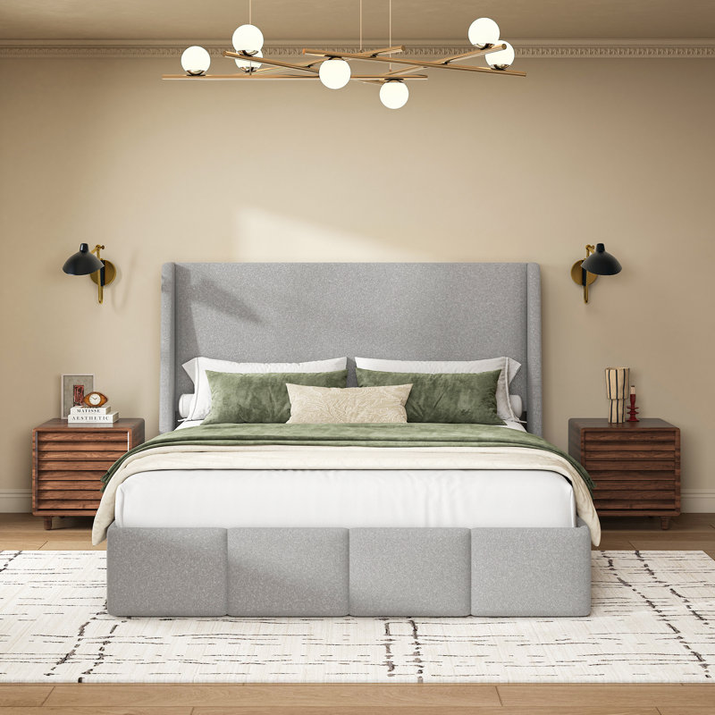 High Headboard Platform Bed Frame Made Of Sherpa, Gray, King