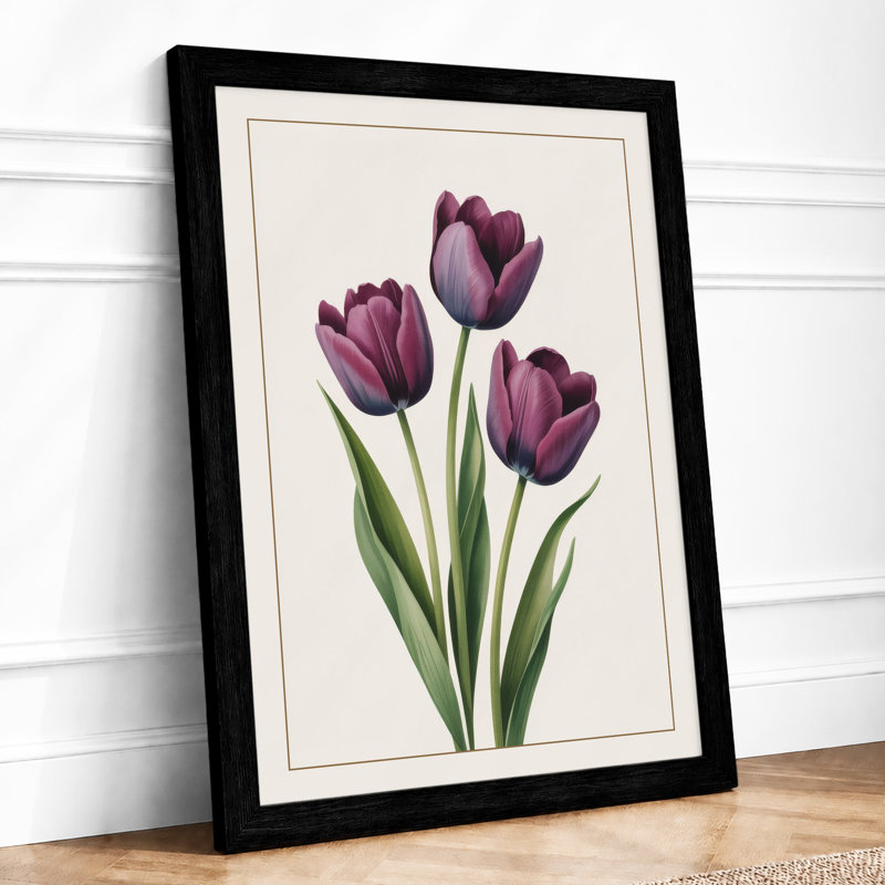 Purple Tulips Botanical - Framed Print, Black, A4 - 29.7 x 21.0 cm
