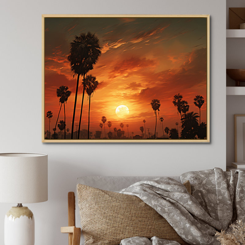 Coucher de soleil avec palmiers sur toile, H 34 po x l 44 po x P 1,5 po, Cadre naturel flottant