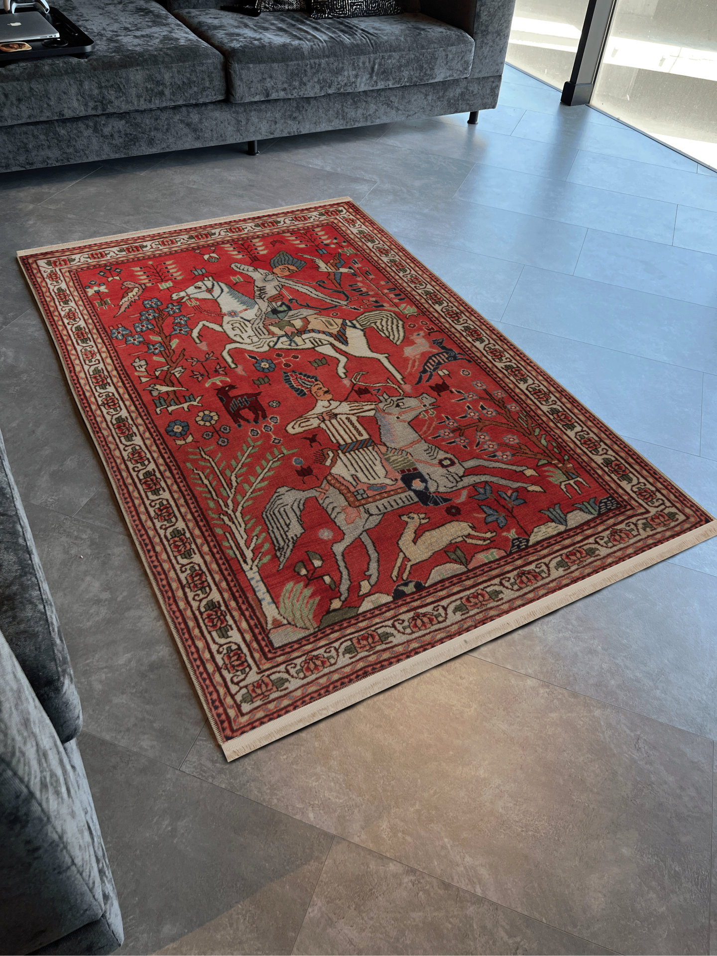 Medieval Red Rug Bungalow Rose Red-Themed Ancient Era Design Archer on Horseback ...