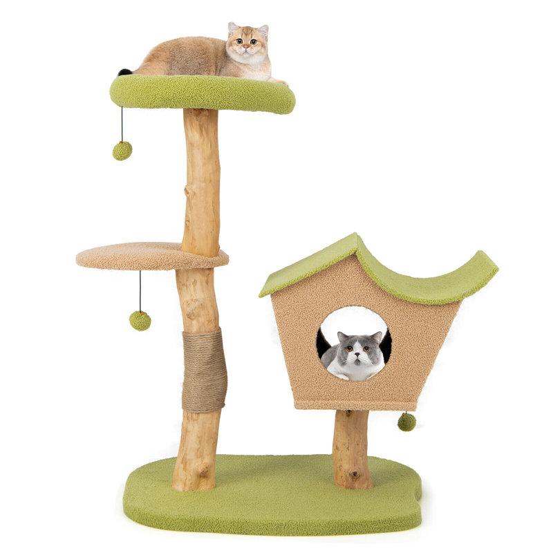 43 Inch Green and Beige Wooden Cat Tree with Perch and Condo