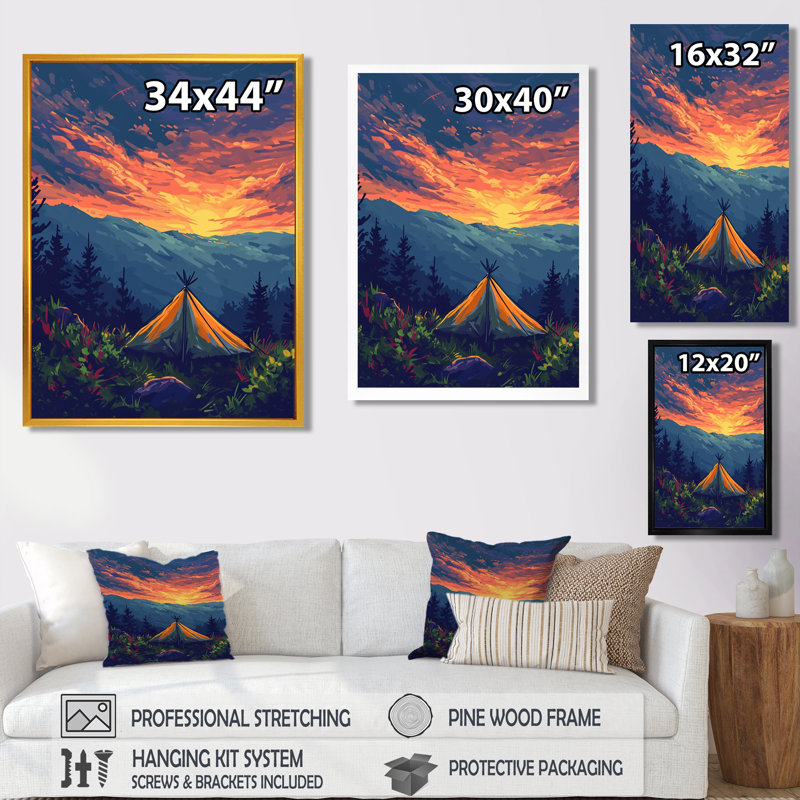 «Quietude Tent Under Pink Mountain Sunset», impression d'art mural de voyage en camping, Toile tendue, H 32 po x l 16 po