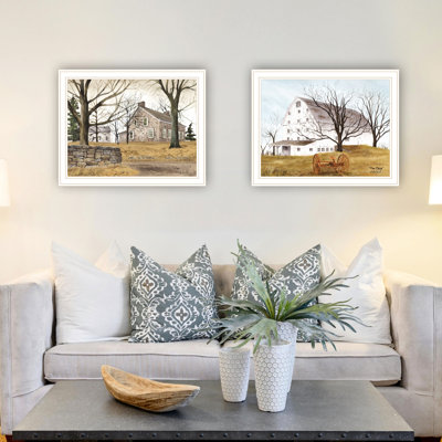 Stone Cottage & White Wooden Barn Framed Wall Art. For Home Decor. Living Room Bedroom. Multicolor, Wood+Paper. 18"X1"X14", 5Lb Artistic Decor For Bedroom: Barn.