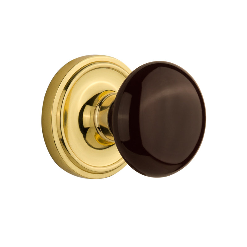 Classic Rosette with Brown Porcelain Door Knob, Unlacquered Brass