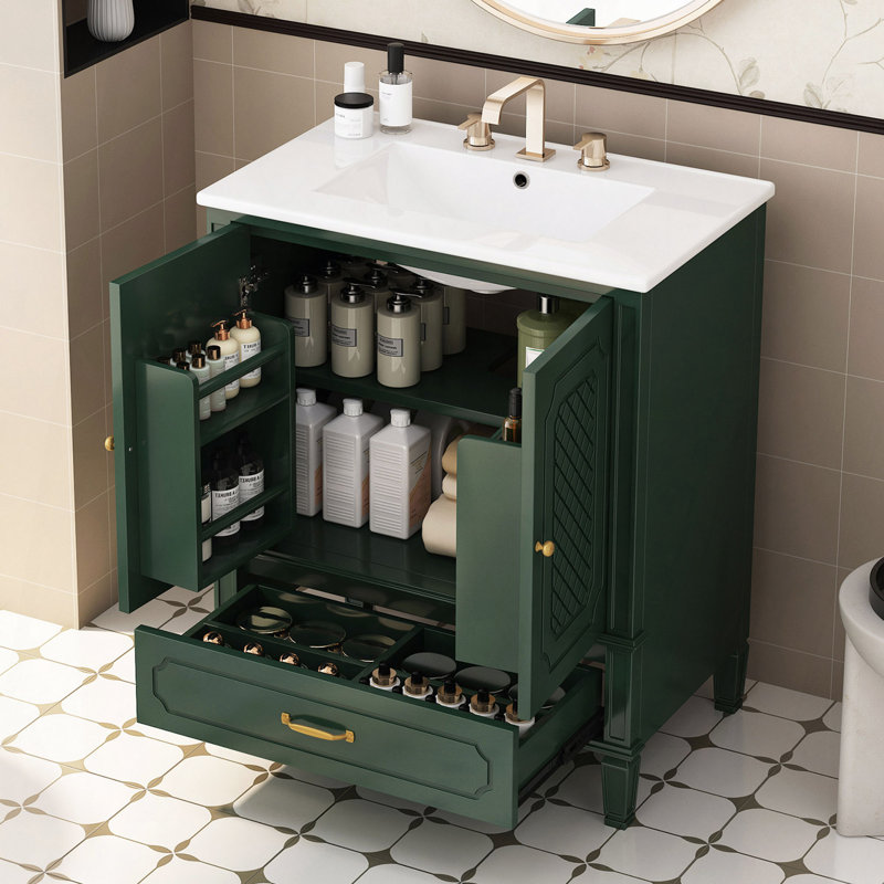 Meuble-lavabo de salle de bain avec lavabo de style rétro, espace de rangement multifonctionnel, tablette de porte, porte à fermeture en douceur