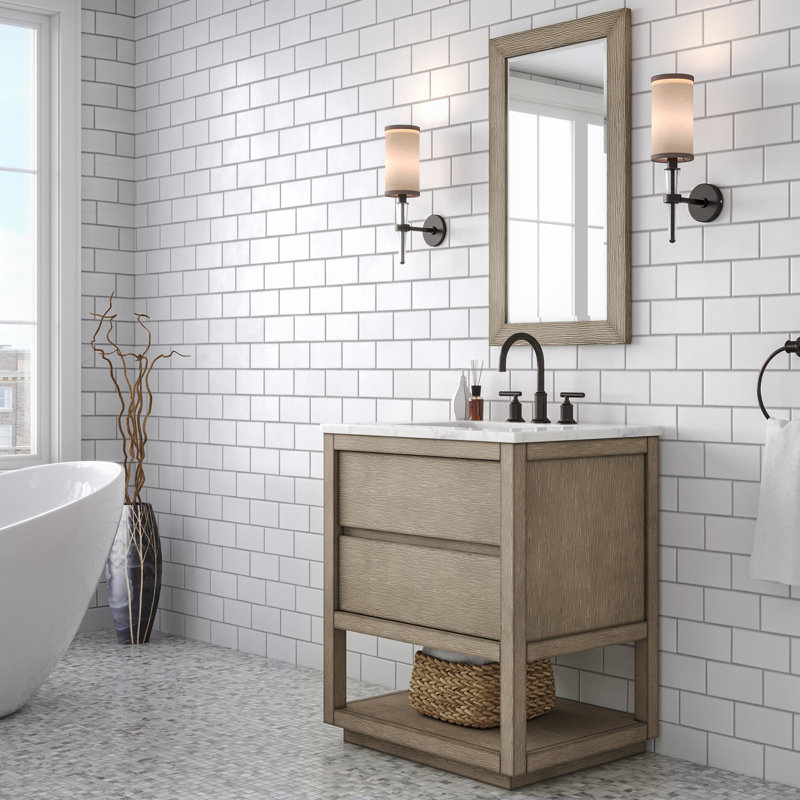 Oakman 30 In. Double Sink Carrara White Marble Countertop Bath Vanity In Grey Oak With Rectangular Mirror