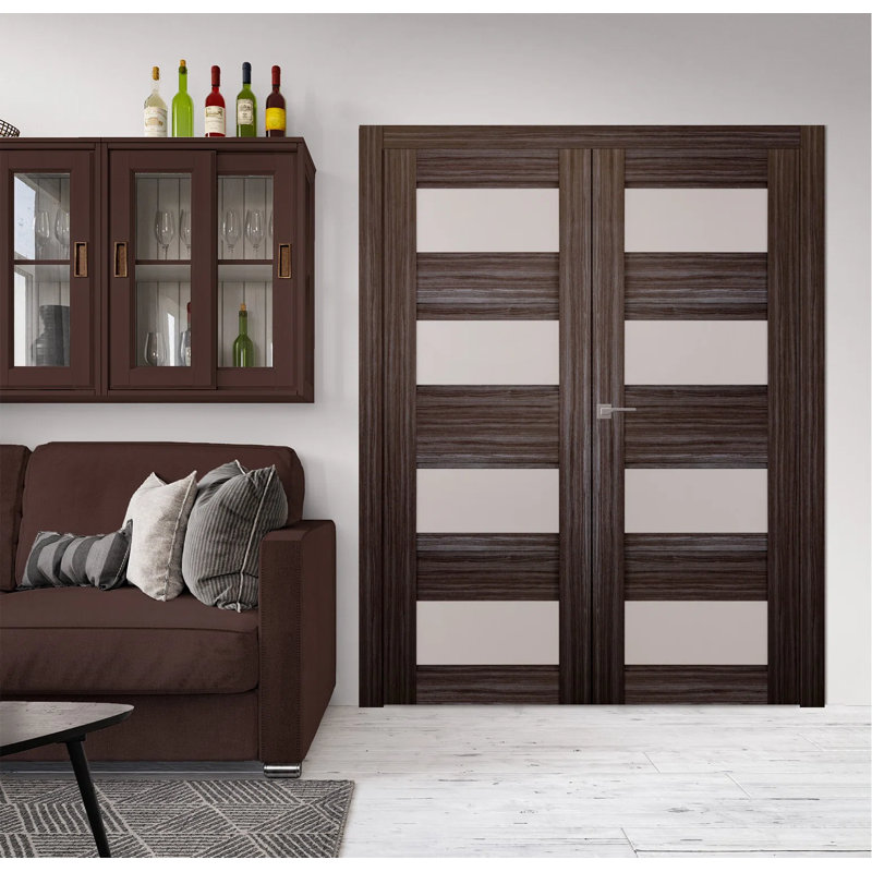 Porte double standard en bois manufacturé et en verre Della, 63,5 po x 79,37 po, Blanc noble, Droite