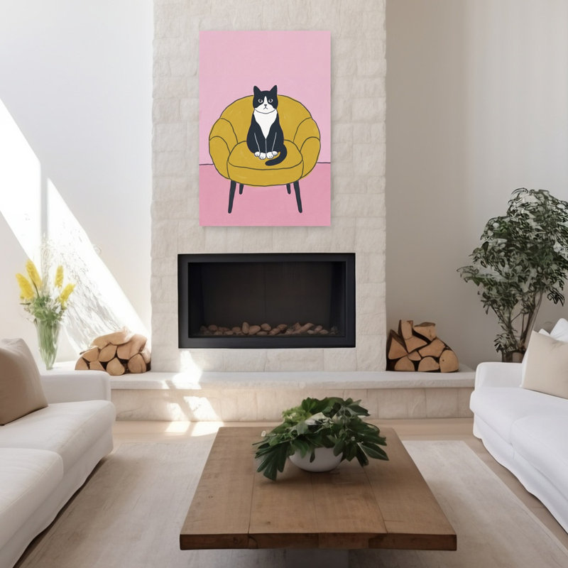 Chat noir, chaise jaune, élégant, chat moderne, architecture, art mural, H 48 po x l 32 po