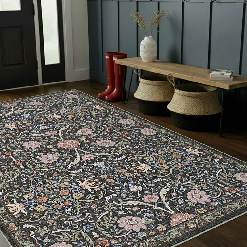 Hunter Washable Printed Chenille Rug, Charcoal/Navy, 4 x 6