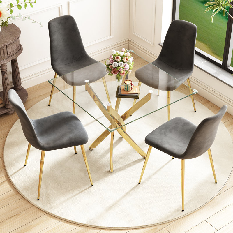 5 - Piece Pedestal Dining Set, Gold, Gold/Gray