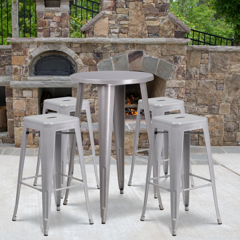 Colbert 30'' Round Metal Indoor-Outdoor Bar Table Set with 4 Square Seat Backless Stools, Silver, 41" H x 30" W x 30" L