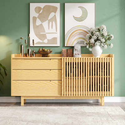 63"w Wood Japandi Sideboard, Modern Accent Credenza With Sliding Wooden Fence Gate