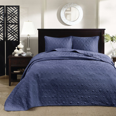 Navy Full Bedspread Reversible - Pre-Washed For Superior Comfort Pattern Elegance Treatment 2 Shams In Navy, Cozy Cotton Filling Modern Includes & Two
