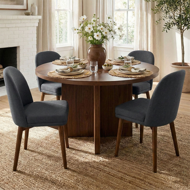 Table de salle à manger 52 "ronde en bois avec 4 chaises rembourrées, Gris anthracite