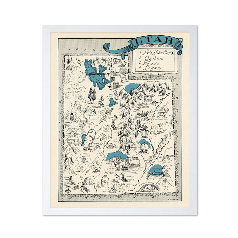Utah Pictorial Map, Poster, 18"H x 24"W, White Framed