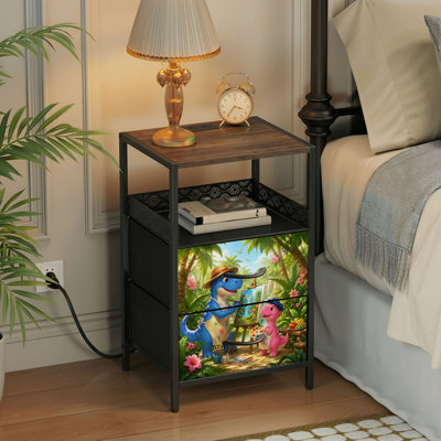 Table de chevet 2 tiroirs avec station de charge, table de chevet pour chambre avec ports USB et amp; Outlets, tablette ouverte noire, table de chevet avec dinosaures fantaisistes, impression de verdure dans la jungle, couleurs vives
