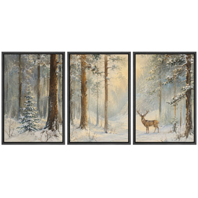 Paysage hivernal avec des chevreuils dans une forêt enneigée, œuvre d'art, tableau pour chambre, impression giclée sur toile encadrée en 3 parties - 3 pièces de 40 x 60 cm et 3 pièces de 60 x 90 cm