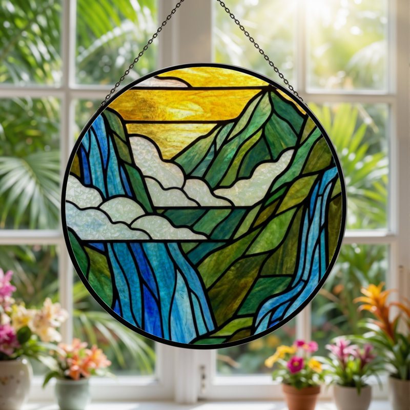 Panneau de vitrail 12 "H Mountain Landscape, H 12 po x l 12 po